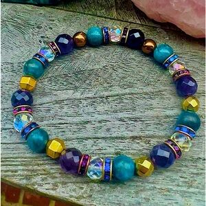 Gemstone Bracelet Amethyst, Blue Apatite, Rainbow Aura Quartz, Gold Hematite